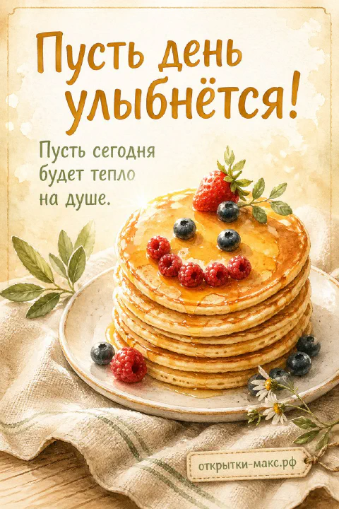 Стопка золотистых блинов с малиной, черникой и ромашками, надпись «Пусть день улыбнётся»