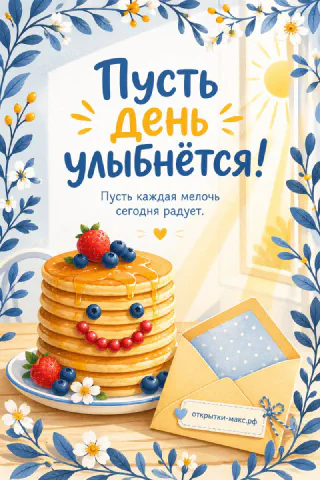 Стопка блинов с ягодами и конвертом на столе, надпись «Пусть день улыбнётся»