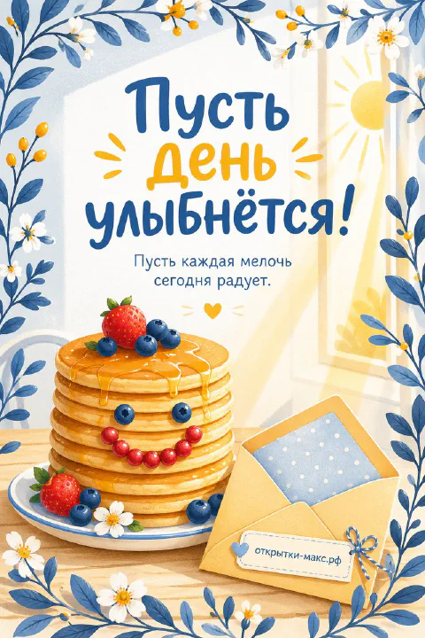 Стопка блинов с ягодами и конвертом на столе, надпись «Пусть день улыбнётся»