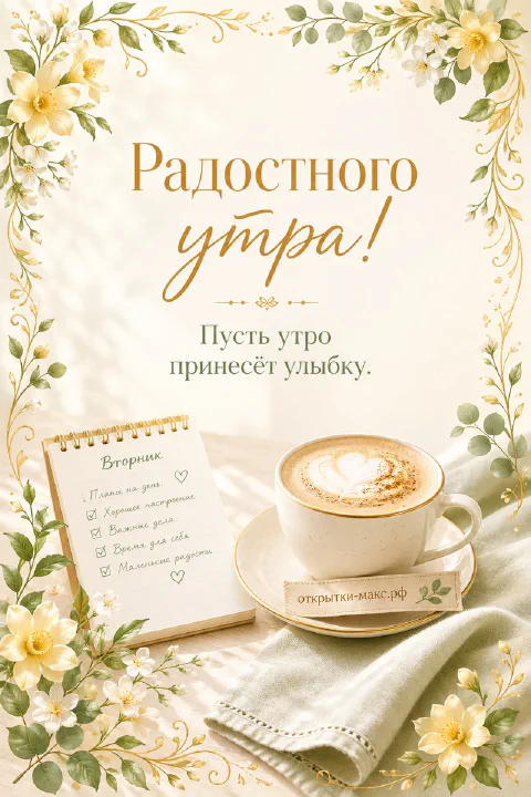 Чашка капучино и открытый блокнот с галочками планов среди жёлтых цветов на светлом фоне
