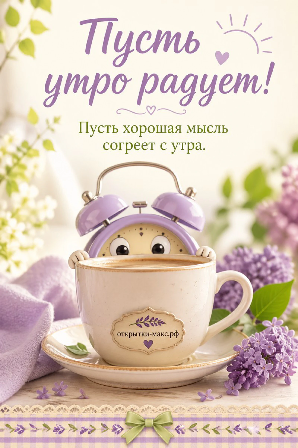 Будильник-медведь в чашке кофе рядом с сиренью, надпись «Пусть утро радует»