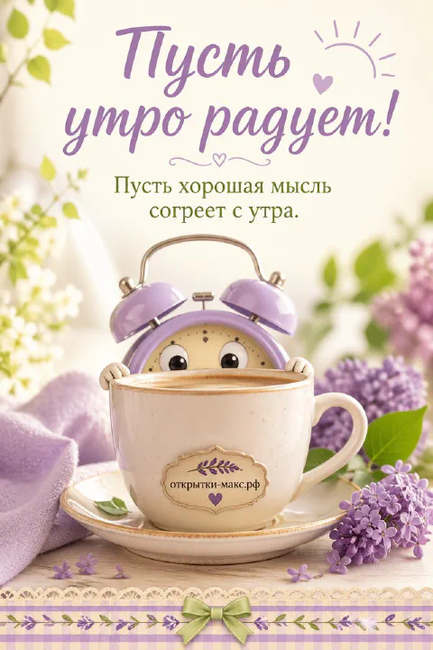 Будильник-медведь в чашке кофе рядом с сиренью, надпись «Пусть утро радует»