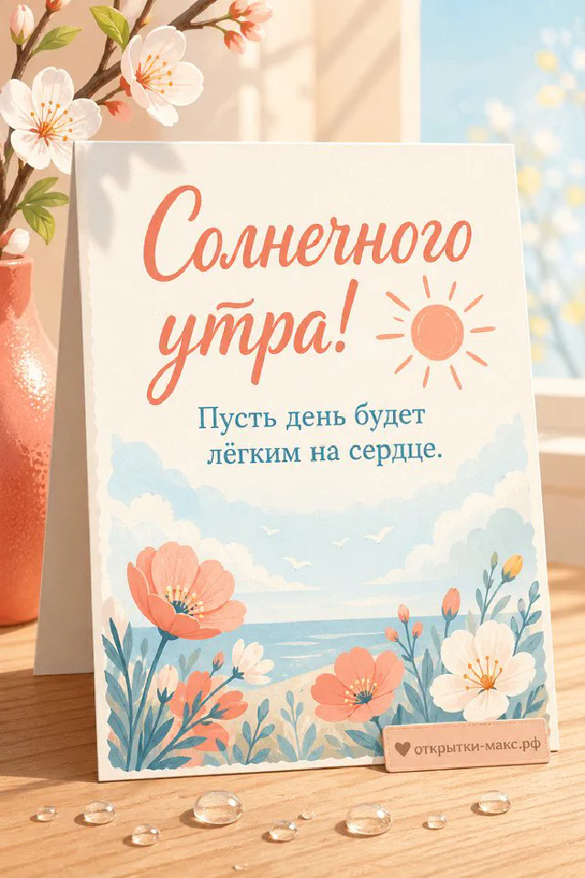 Пышный букет розовых пионов в фарфоровой вазе с биркой, винтажная рамка и надпись «Солнечного утра» — вариант 2