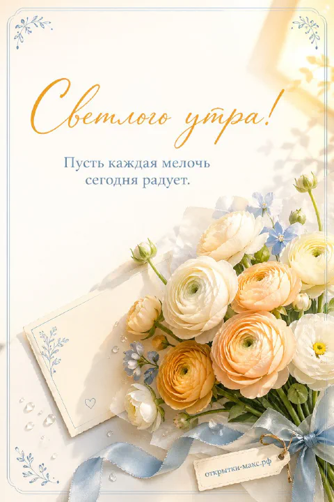 Букет персиковых и кремовых ранункулюсов с голубой шёлковой лентой и кремовый конверт с надписью «Светлого утра»