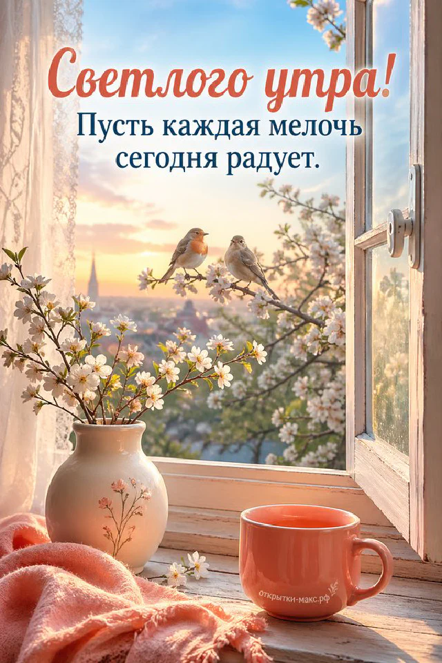 Букет персиковых и кремовых ранункулюсов с голубой шёлковой лентой и кремовый конверт с надписью «Светлого утра» — вариант 3