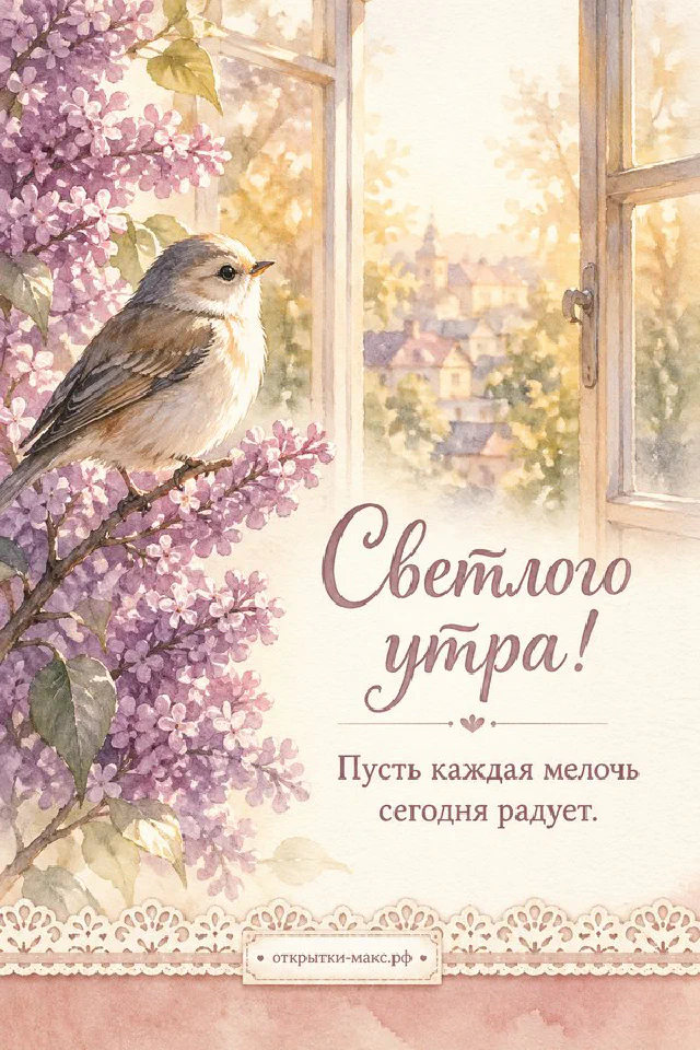 Букет персиковых и кремовых ранункулюсов с голубой шёлковой лентой и кремовый конверт с надписью «Светлого утра» — вариант 2