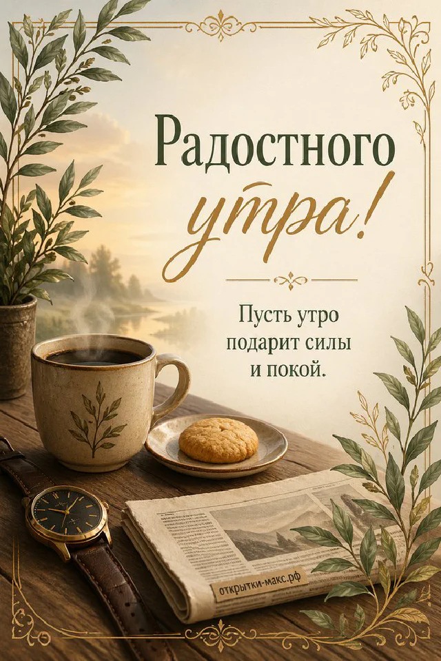 Букет сухоцветов в розовой бумаге на балконе с заснеженными перилами, заснеженный город на рассвете и надпись «Радостного утра» — вариант 4