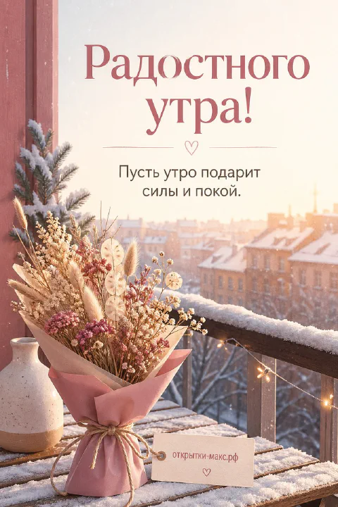 Букет сухоцветов в розовой бумаге на балконе с заснеженными перилами, заснеженный город на рассвете и надпись «Радостного утра»