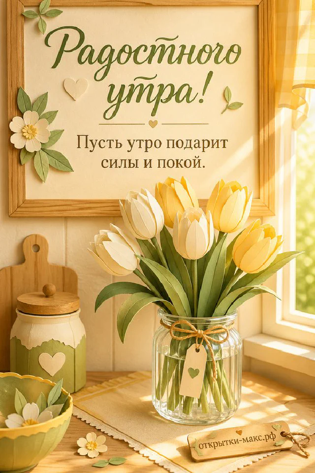 Букет сухоцветов в розовой бумаге на балконе с заснеженными перилами, заснеженный город на рассвете и надпись «Радостного утра» — вариант 2