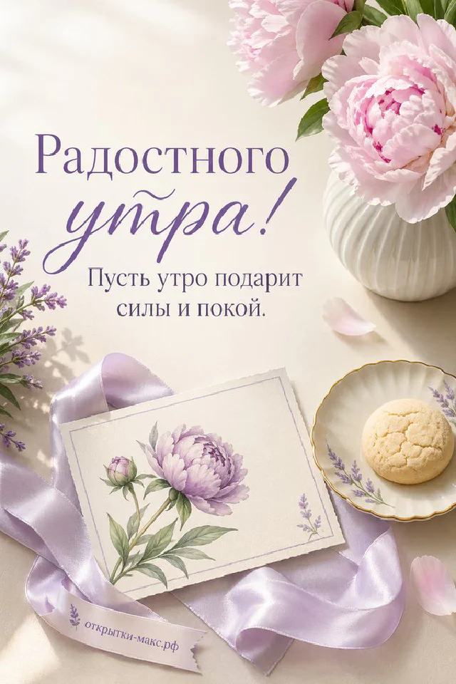Букет сухоцветов в розовой бумаге на балконе с заснеженными перилами, заснеженный город на рассвете и надпись «Радостного утра» — вариант 3