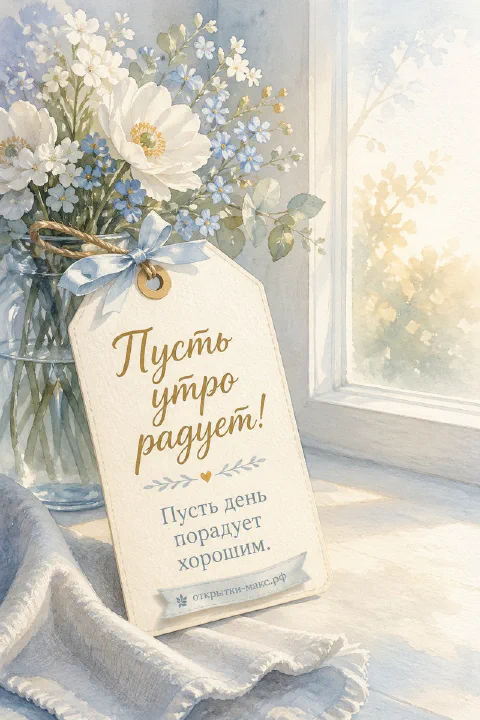 Бумажная бирка с пожеланием «Пусть утро радует», белые анемоны и голубые незабудки в стеклянной вазе у окна