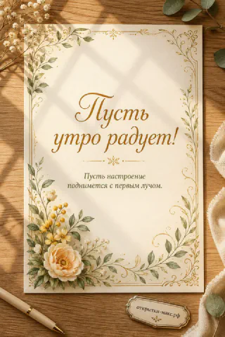 Бумажная карточка с цветочной рамкой и надписью «Пусть утро радует», перо и розовая роза на деревянном столе