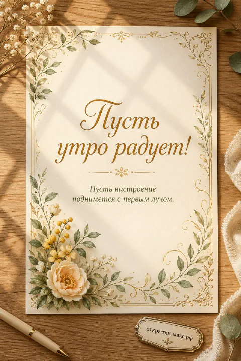 Бумажная карточка с цветочной рамкой и надписью «Пусть утро радует», перо и розовая роза на деревянном столе