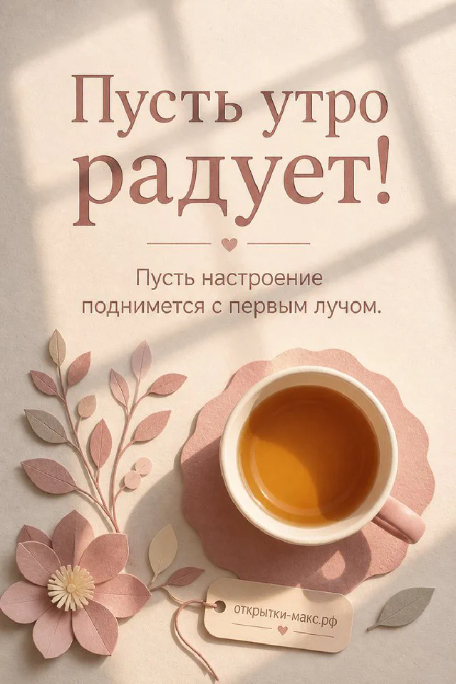Бумажная карточка с цветочной рамкой и надписью «Пусть утро радует», перо и розовая роза на деревянном столе — вариант 3