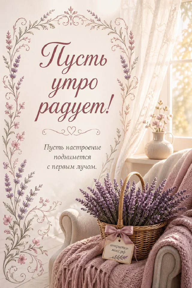 Бумажная карточка с цветочной рамкой и надписью «Пусть утро радует», перо и розовая роза на деревянном столе — вариант 4