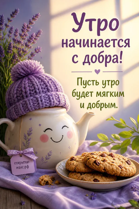 Белый улыбающийся чайник в фиолетовой вязаной шапке рядом с печеньем и лавандой