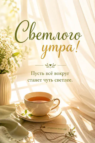 Белая чашка чая на блюдце, ваза с мелкими белыми цветами и солнечные блики сквозь тюль с надписью «Светлого утра»