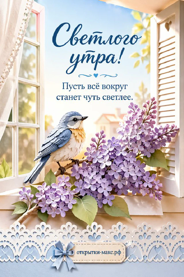 Белая чашка чая на блюдце, ваза с мелкими белыми цветами и солнечные блики сквозь тюль с надписью «Светлого утра» — вариант 2