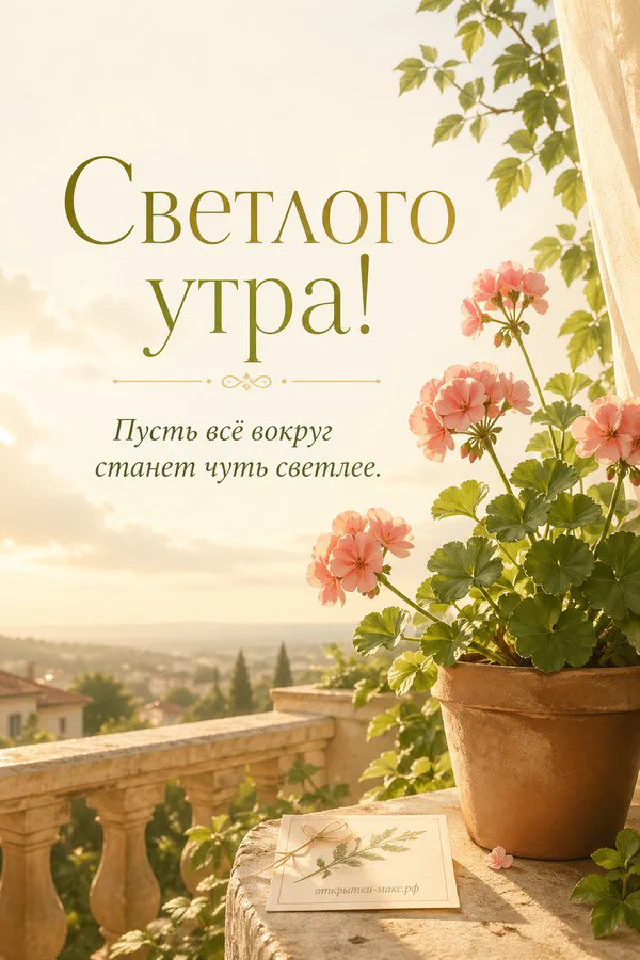 Белая чашка чая на блюдце, ваза с мелкими белыми цветами и солнечные блики сквозь тюль с надписью «Светлого утра» — вариант 3