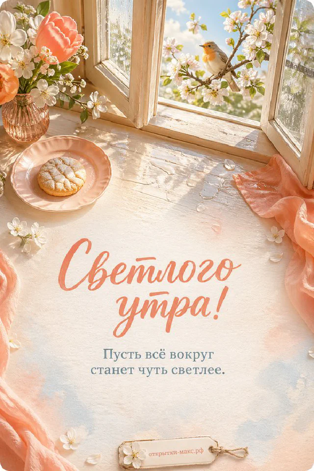 Белая чашка чая на блюдце, ваза с мелкими белыми цветами и солнечные блики сквозь тюль с надписью «Светлого утра» — вариант 4
