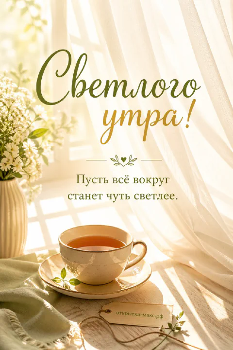 Белая чашка чая на блюдце, ваза с мелкими белыми цветами и солнечные блики сквозь тюль с надписью «Светлого утра»