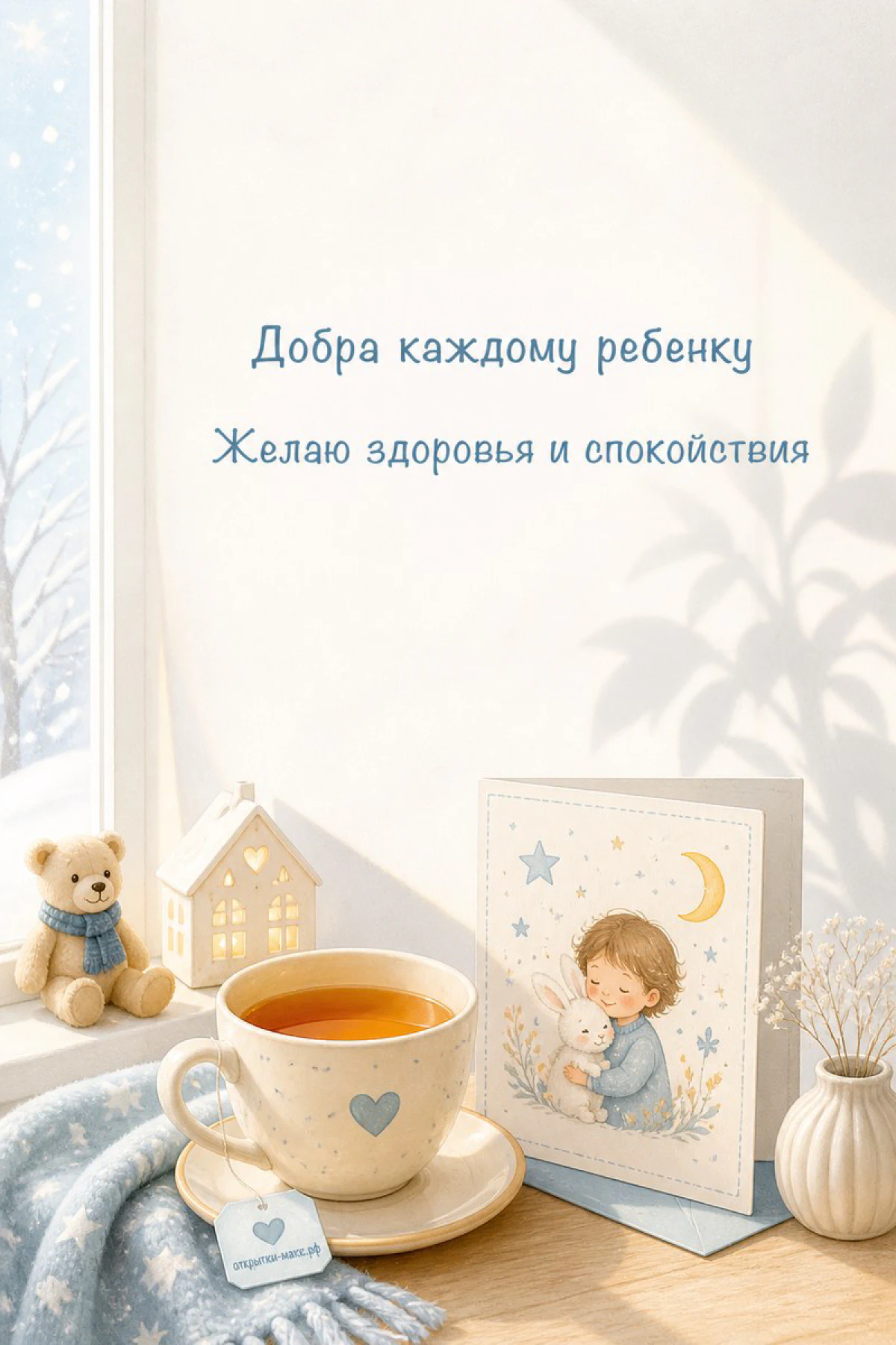 Чашка чая с сердечком, плюшевый медвежонок и детская открытка с луной у зимнего окна