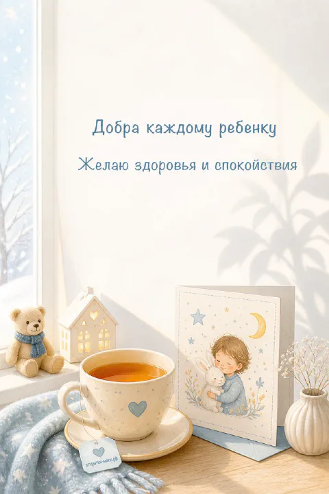 Чашка чая с сердечком, плюшевый медвежонок и детская открытка с луной у зимнего окна
