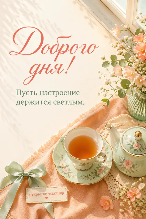Цветочный чайный сервиз с розовыми цветами в прозрачной вазе и зелёным бантиком на персиковой ткани