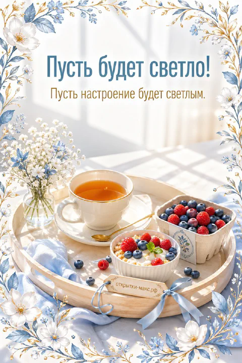 Чашка чая и каша с ягодами на деревянном подносе, в окружении голубых цветов и листьев
