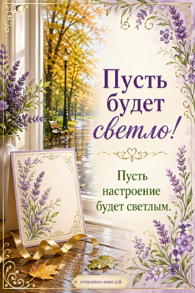 Чашка чая и каша с ягодами на деревянном подносе, в окружении голубых цветов и листьев — вариант 2