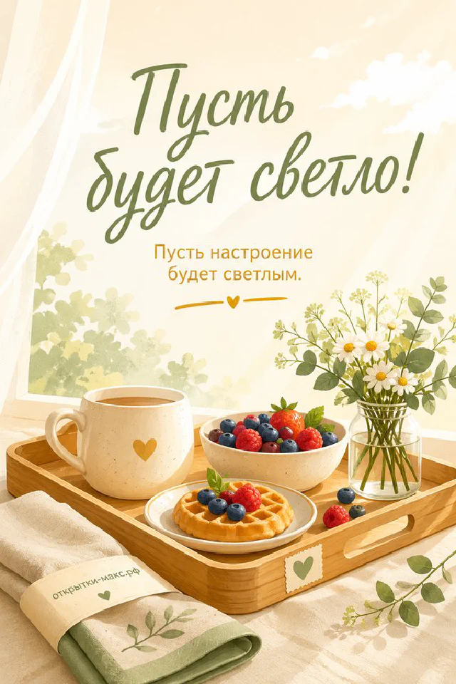 Чашка чая и каша с ягодами на деревянном подносе, в окружении голубых цветов и листьев — вариант 3