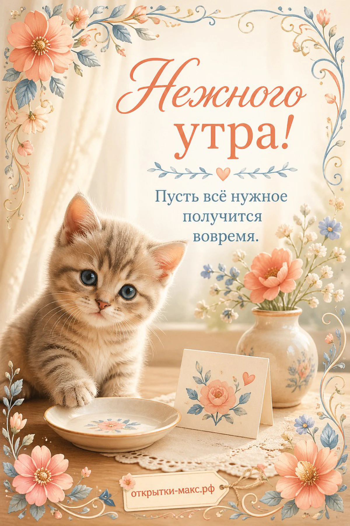 Открытая открытка с добрыми словами, чашка чая и солнечная дорожка