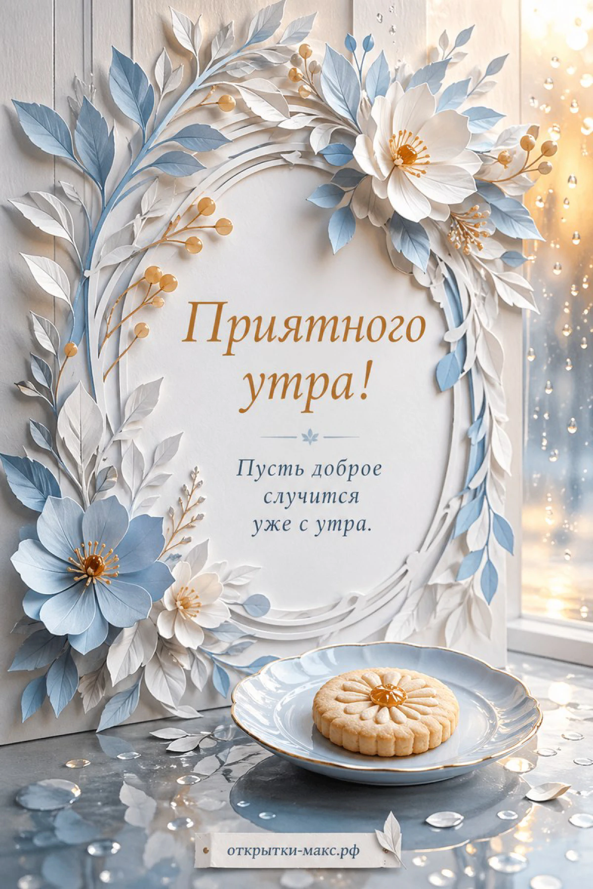 Открытая открытка с добрыми словами, чашка чая и солнечная дорожка