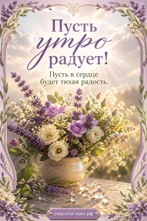 Открытая открытка с добрыми словами, чашка чая и солнечная дорожка