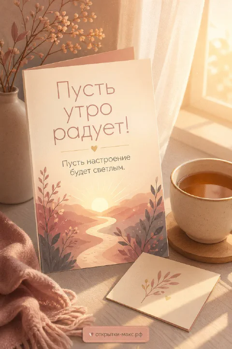 Открытая открытка с добрыми словами, чашка чая и солнечная дорожка