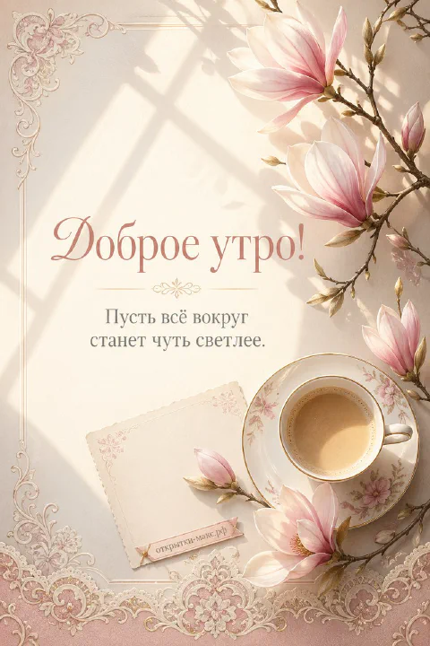 Открытая открытка с добрыми словами, чашка чая и солнечная дорожка
