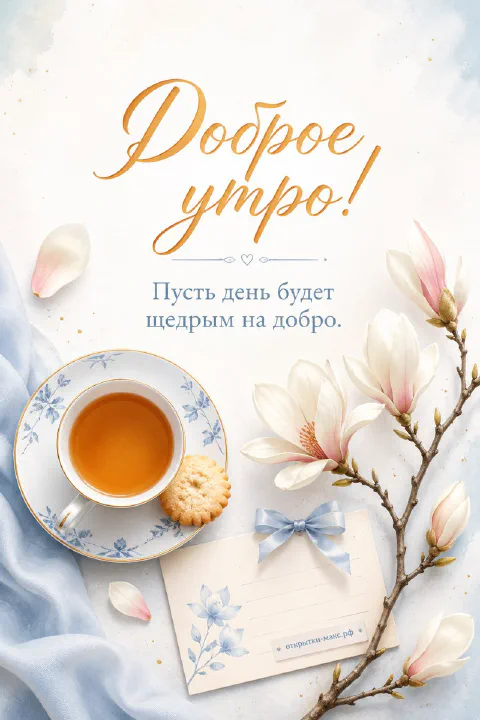 Чашка чая на блюдце с печеньем, ветка белой магнолии и конверт с голубым бантом на нежно-голубой ткани