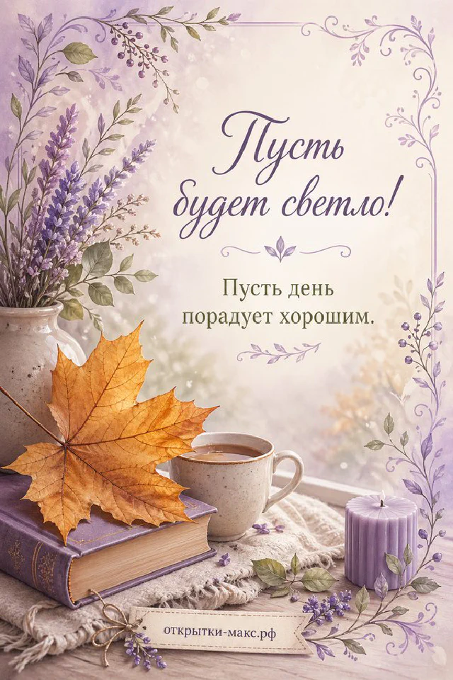 Чашка чая, домашние тапочки и букет нарциссов у окна с надписью «Пусть будет светло» — вариант 3