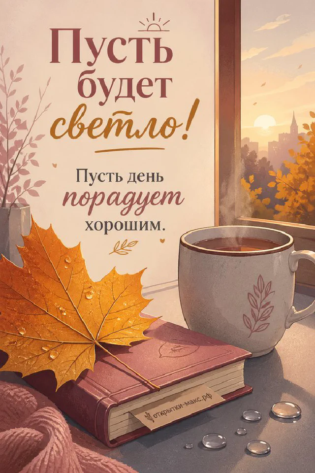 Чашка чая, домашние тапочки и букет нарциссов у окна с надписью «Пусть будет светло» — вариант 2