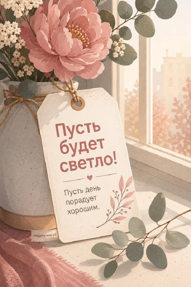 Чашка чая, домашние тапочки и букет нарциссов у окна с надписью «Пусть будет светло» — вариант 4