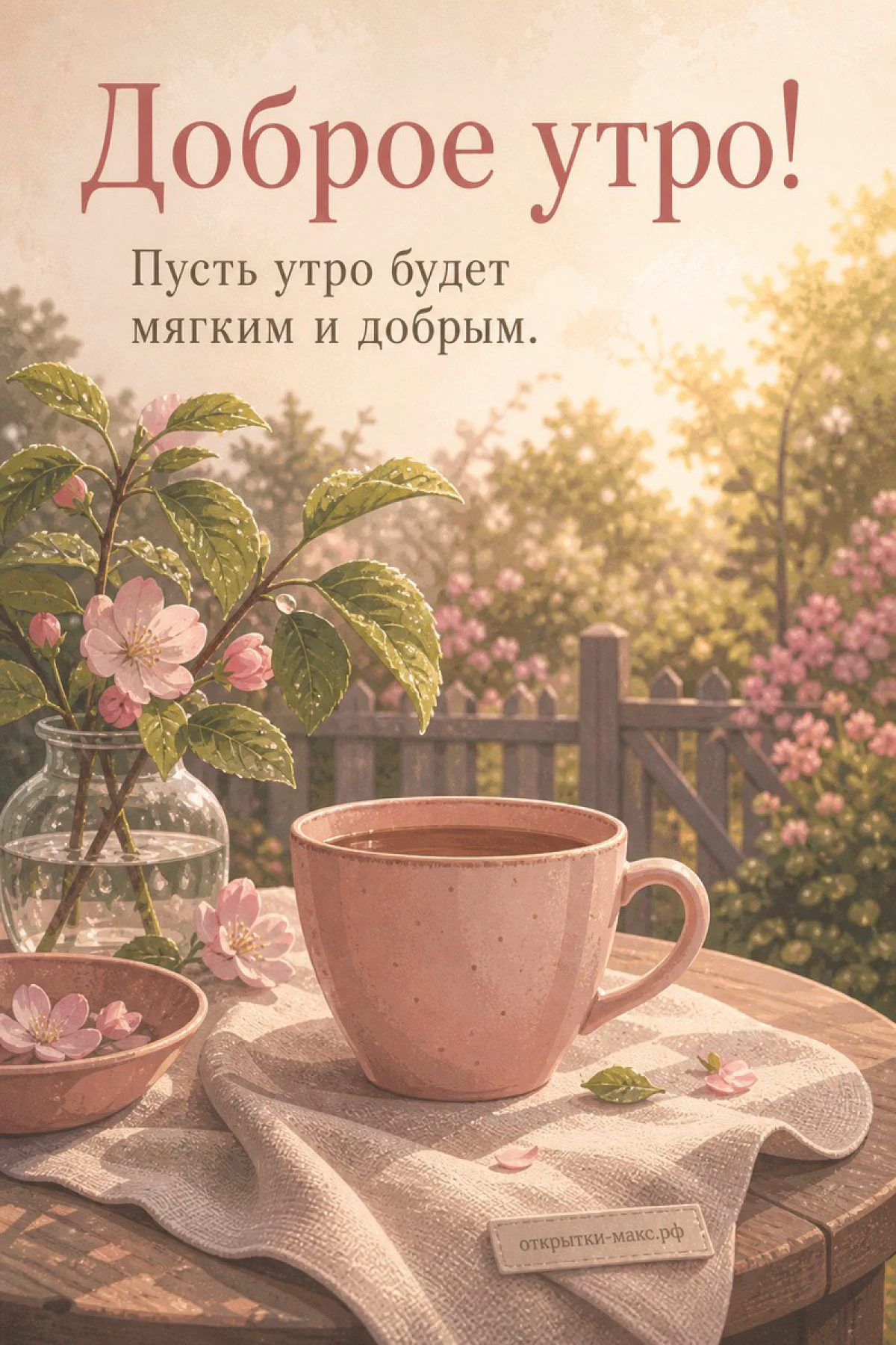 Розовая фарфоровая чашка с горячим чаем на тканевой салфетке, рядом стеклянная ваза с веткой яблони, за столом цветущий сад