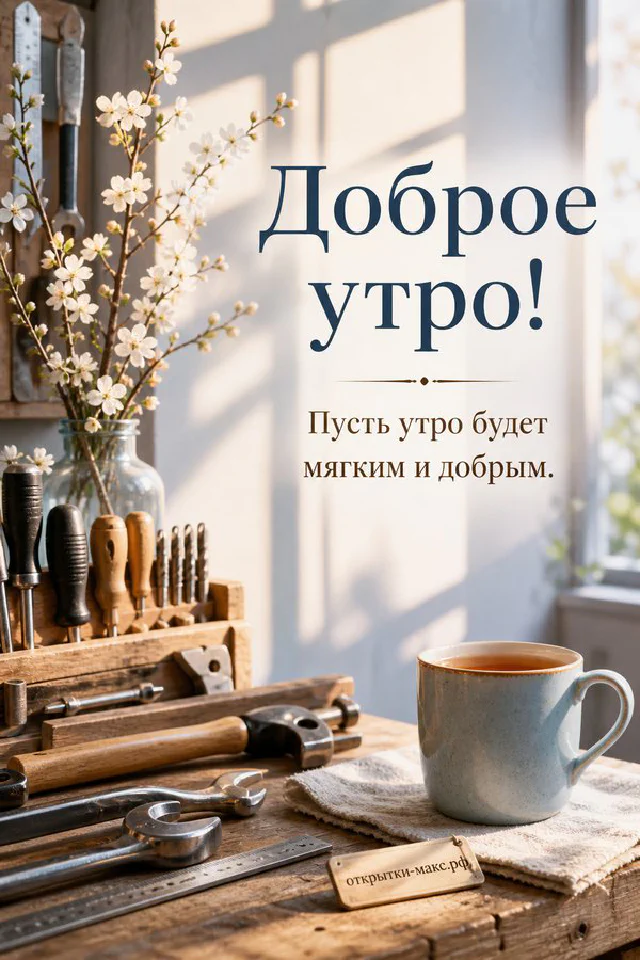 Розовая фарфоровая чашка с горячим чаем на тканевой салфетке, рядом стеклянная ваза с веткой яблони, за столом цветущий сад — вариант 2