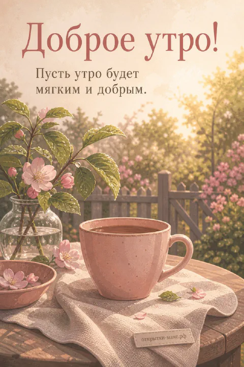 Розовая фарфоровая чашка с горячим чаем на тканевой салфетке, рядом стеклянная ваза с веткой яблони, за столом цветущий сад