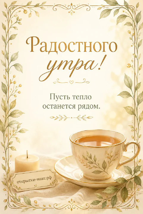 Фарфоровая чашка чая на блюдце и белая свеча среди золотистых листьев на кремовом фоне