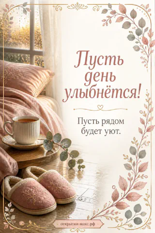 Чашка чая и розовые тапочки у кровати, уютная спальня, надпись «Пусть день улыбнётся»