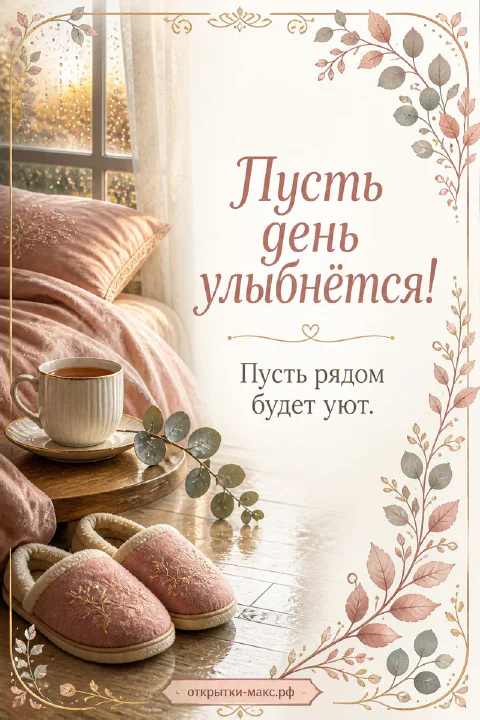 Чашка чая и розовые тапочки у кровати, уютная спальня, надпись «Пусть день улыбнётся»