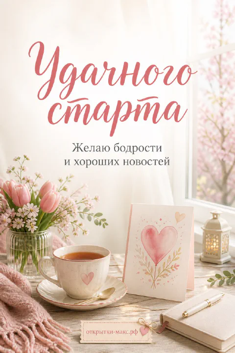 Чашка чая с сердечком, розовые тюльпаны в вазе и открытка с пожеланием удачного старта