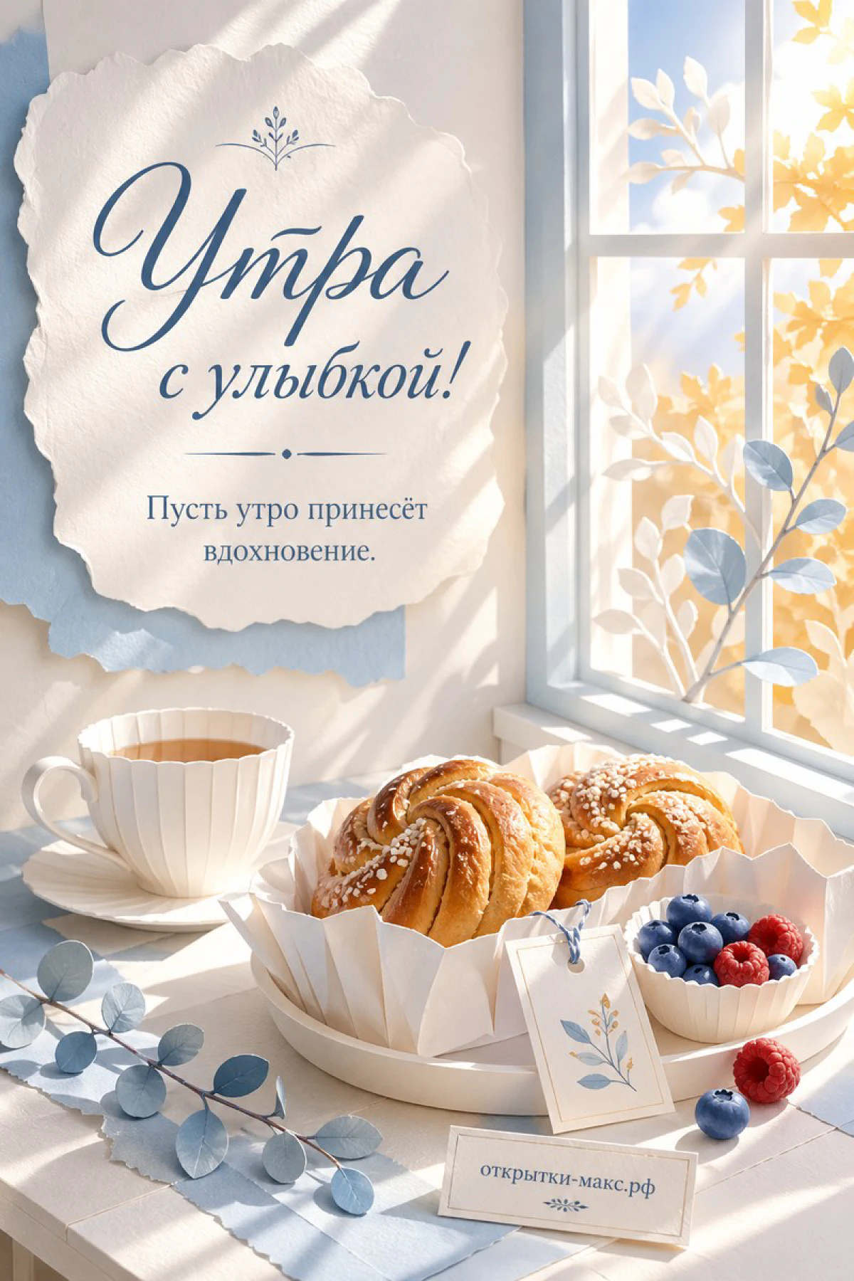 Чашка чая и блюдо с булочками и ягодами черники у светлого окна с осенними листьями