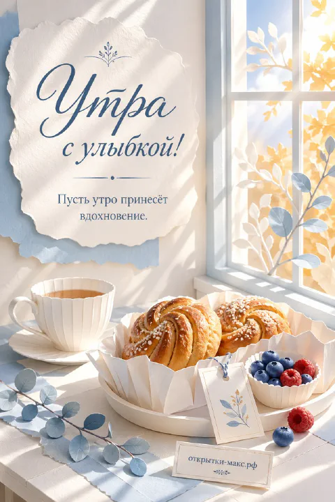 Чашка чая и блюдо с булочками и ягодами черники у светлого окна с осенними листьями
