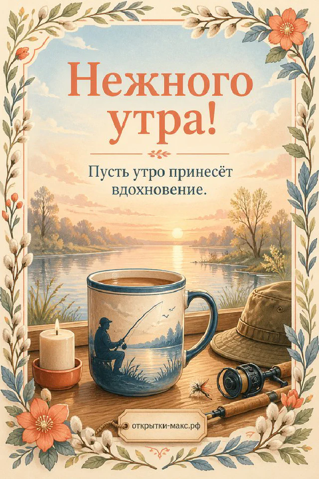 Розовая кружка какао с маршмеллоу, вязаные варежки и конверт у морозного окна с надписью «Нежного утра» — вариант 4
